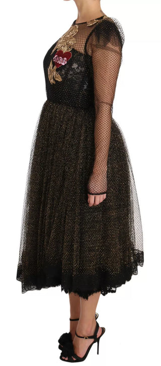 Schwarzes Gold Kristall Herz A-Linien-Kleid
