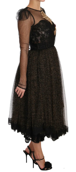 Schwarzes Gold Kristall Herz A-Linien-Kleid