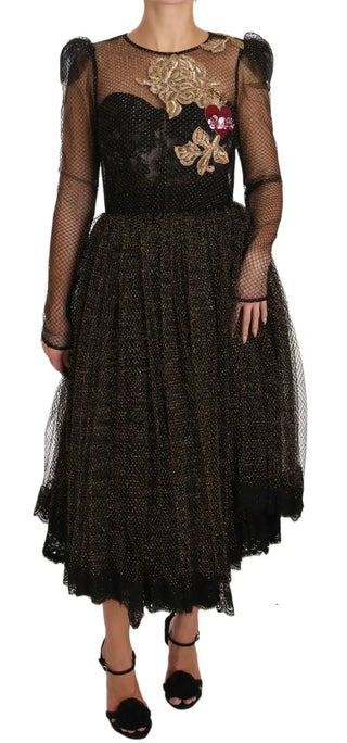 Schwarzes Gold Kristall Herz A-Linien-Kleid