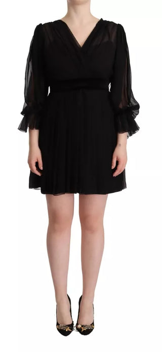 Schwarzes A-Linien-Minikleid mit V-Ausschnitt und langen Ärmeln