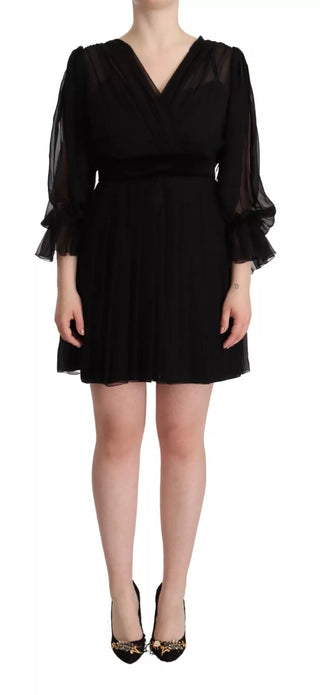 Schwarzes A-Linien-Minikleid mit V-Ausschnitt und langen Ärmeln
