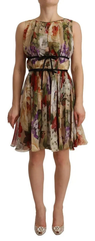 Beiges ärmelloses Rundhals-Minikleid mit Blumenmuster