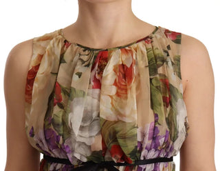 Beiges ärmelloses Rundhals-Minikleid mit Blumenmuster