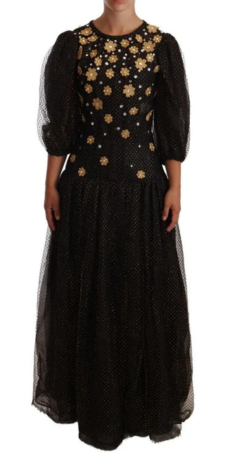 Schwarzes Maxiballkleid mit floralen Kristallen