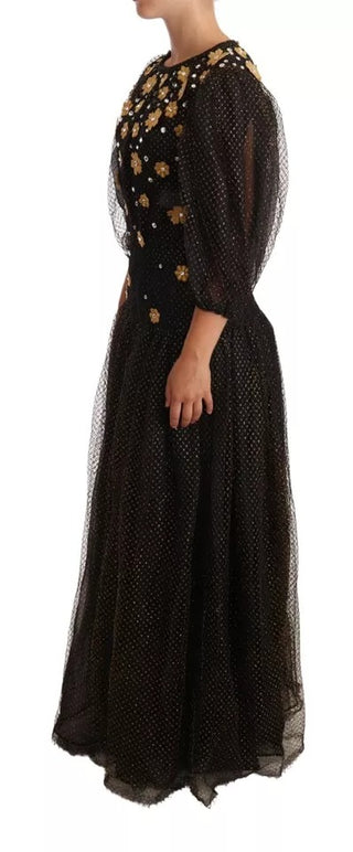 Schwarzes Maxiballkleid mit floralen Kristallen