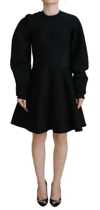 Baumwolle Schwarz Langärmeliges A-Linien-Minikleid