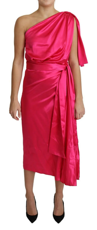 Vestido midi fucsia ajustado de un solo hombro