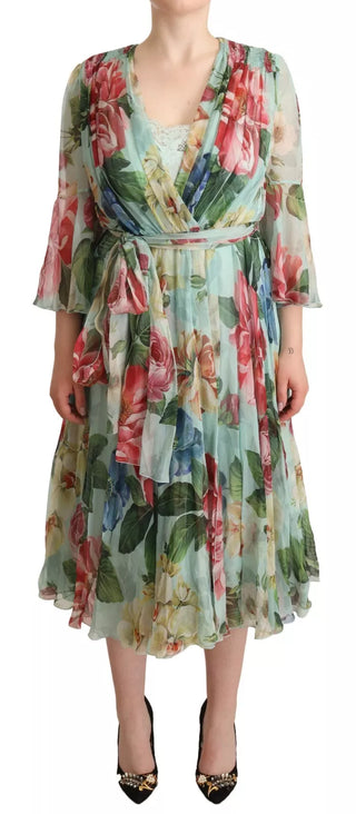 Grünes geblümtes langärmliges V-Ausschnitt Midikleid
