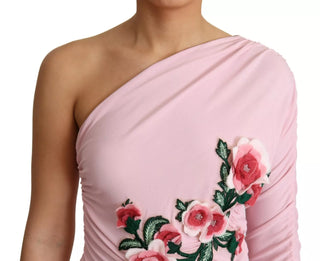 Pinkes, blumenverziertes One-Shoulder-Kleid