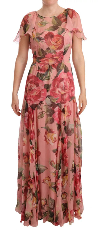 Rosa Seiden-Maxikleid mit Blumenmuster und Lagenlook