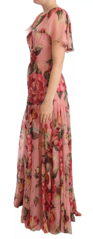 Rosa Seiden-Maxikleid mit Blumenmuster und Lagenlook