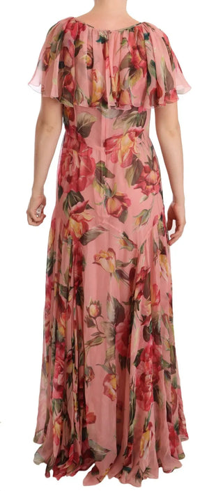 Rosa Seiden-Maxikleid mit Blumenmuster und Lagenlook