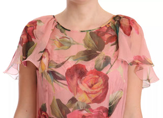 Rosa Seiden-Maxikleid mit Blumenmuster und Lagenlook
