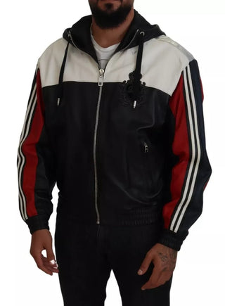 Schwarze Leder-Blouson-Jacke mit Kapuze