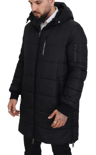 Schwarzer Nylon-Kapuzenparka Winterjacke