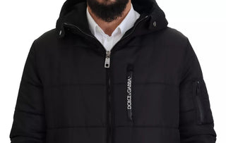Schwarzer Nylon-Kapuzenparka Winterjacke