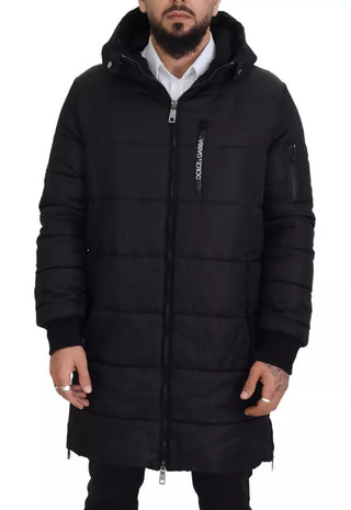Schwarzer Nylon-Kapuzenparka Winterjacke