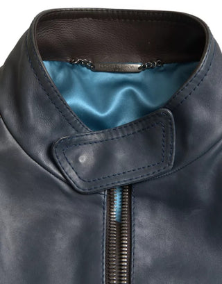 Blouson-Lederjacke mit durchgehendem Reißverschluss und Biker-Stil in Blau