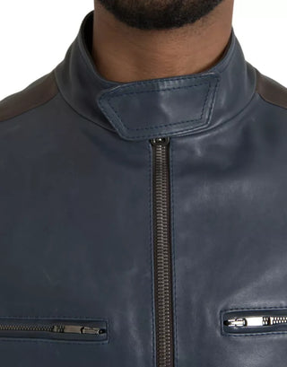 Blouson-Lederjacke mit durchgehendem Reißverschluss und Biker-Stil in Blau