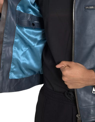 Blouson-Lederjacke mit durchgehendem Reißverschluss und Biker-Stil in Blau