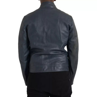 Blouson-Lederjacke mit durchgehendem Reißverschluss und Biker-Stil in Blau