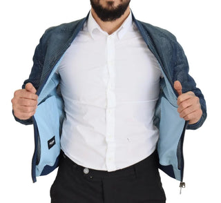 Blaue Lederjacke mit Lochmuster und durchgehendem Reißverschluss