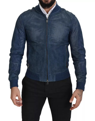 Blaue Lederjacke mit Lochmuster und durchgehendem Reißverschluss