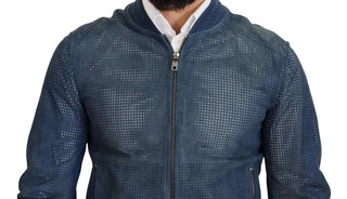 Blaue Lederjacke mit Lochmuster und durchgehendem Reißverschluss