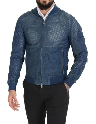 Blaue Lederjacke mit Lochmuster und durchgehendem Reißverschluss