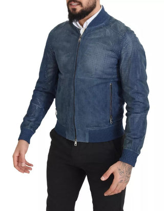 Blaue Lederjacke mit Lochmuster und durchgehendem Reißverschluss