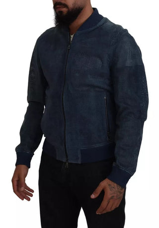 Blaue Lederjacke mit Perforation und durchgehendem Reißverschluss