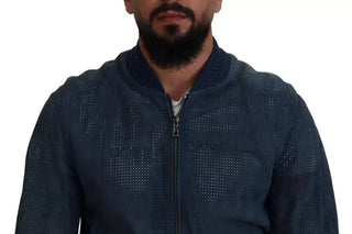 Blaue Lederjacke mit Perforation und durchgehendem Reißverschluss