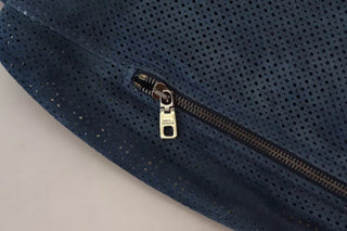 Blaue Lederjacke mit Perforation und durchgehendem Reißverschluss