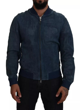 Blaue Lederjacke mit Perforation und durchgehendem Reißverschluss