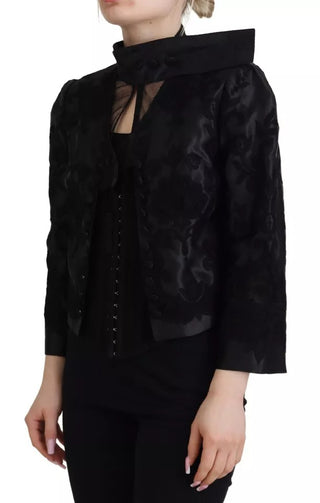 Schwarzes Korsett aus durchsichtiger Spitze mit Organza-Seidenjacke