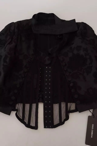 Schwarzes Korsett aus durchsichtiger Spitze mit Organza-Seidenjacke