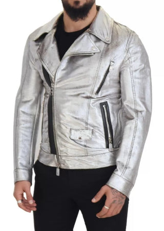 Chaqueta biker de cuero plateado de piel de cordero