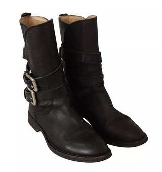 Schwarze Lederstiefel mit Schnallen, wadenhoch