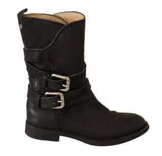 Schwarze Lederstiefel mit Schnallen, wadenhoch