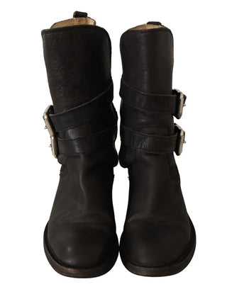 Schwarze Lederstiefel mit Schnallen, wadenhoch