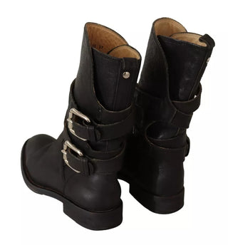 Schwarze Lederstiefel mit Schnallen, wadenhoch