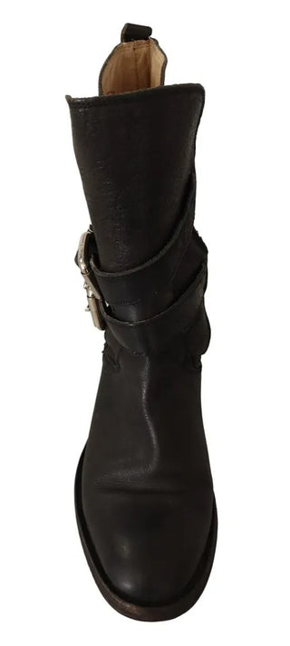 Schwarze Lederstiefel mit Schnallen, wadenhoch