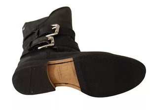 Schwarze Lederstiefel mit Schnallen, wadenhoch