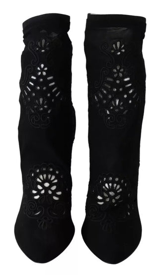 Schwarze Stretchpumps Stiefel Blumenspitzen-Schuhe