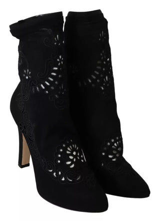 Schwarze Stretchpumps Stiefel Blumenspitzen-Schuhe