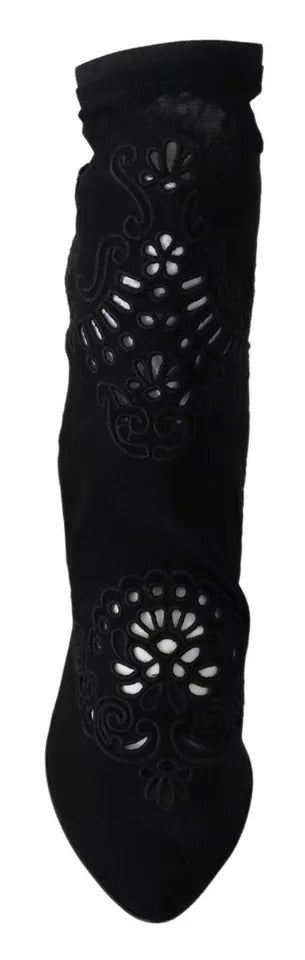 Schwarze Stretchpumps Stiefel Blumenspitzen-Schuhe