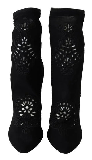 Schwarze Stretchpumps Stiefel Blumenspitzen Schuhe