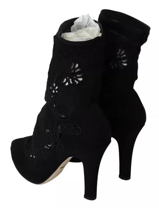 Schwarze Stretchpumps Stiefel Blumenspitzen Schuhe