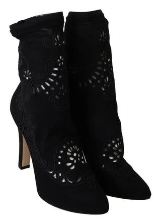 Schwarze Stretchpumps Stiefel Blumenspitzen Schuhe