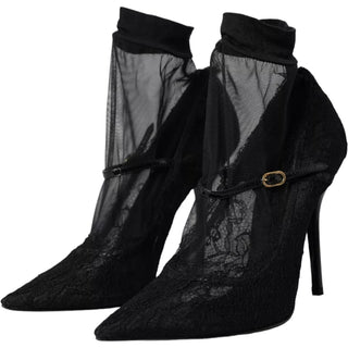 Schwarze Tüll-Stretch-Stiefel Pumps Schuhe